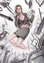 Rule 34 | 1girl, bad id, bad pixiv id, blonde hair, breasts, capcom, chainsaw, cleavage, clipboard, clothes hanger, dead rising, dead rising 1, fire extinguisher, flashlight, formal, frying pan, glasses, guitar, instrument, jacket, jessica mccarney, knife, lantern, large breasts, lying, office lady, pencil skirt, short hair, skirt, skirt suit, solo, suit, tianzhong zhongtian, weapon
