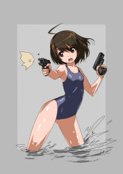 Rule 34 | 1girl, ahoge, blue one-piece swimsuit, blue school swimsuit, breasts, brown eyes, brown hair, collarbone, dual wielding, female focus, firing, from side, grey background, gun, handgun, holding, holding gun, holding weapon, looking to the side, one-piece swimsuit, open mouth, original, pistol, rohitsuka, school swimsuit, shell casing, short hair, small breasts, soaking feet, solo, splashing, swimsuit, wading, water, weapon