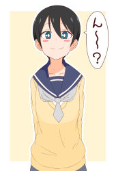 Rule 34 | 1girl, ame (amechan17391739), arms behind back, bad id, bad twitter id, black hair, blue eyes, blue sailor collar, blush stickers, border, bright pupils, closed mouth, commentary, grey neckerchief, highres, looking at viewer, neckerchief, outline, outside border, sailor collar, saitou ena, school uniform, serafuku, short hair, smile, solo, standing, sweater, translated, upper body, v-neck, very short hair, white border, white outline, white pupils, yellow background, yellow sweater, yurucamp