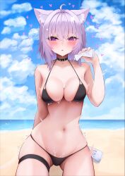 1girl ahoge animal_ear_fluff animal_ears bare_shoulders beach bikini black_bikini blush breasts cat_ears cat_girl cloud collarbone commentary_request cowboy_shot galileoningyo_e hair_between_eyes heart highres holding hololive large_breasts lotion medium_hair navel nekomata_okayu ocean open_mouth purple_eyes purple_hair sand skindentation sky solo suggestive_fluid sunscreen sweat swimsuit thigh_strap trembling virtual_youtuber water