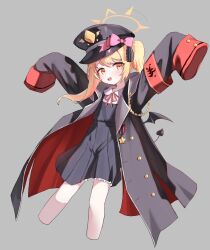 Rule 34 | 1girl, asymmetrical hair, black coat, black dress, black hat, blonde hair, blue archive, coat, commentary request, cropped legs, dated commentary, dress, grey background, halo, hat, highres, ibuki (blue archive), jambujok, korean commentary, long hair, long sleeves, neck ribbon, open mouth, orange eyes, oversized clothes, peaked cap, red ribbon, ribbon, shirt, side ponytail, simple background, sleeves past fingers, sleeves past wrists, solo, teeth, upper teeth only, white shirt, yellow halo
