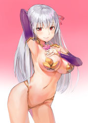 Rule 34 | 1girl, absurdres, arm behind head, arm up, armor, armpits, bikini armor, blush, breasts, cleavage, detached sleeves, earrings, fate/grand order, fate (series), flower, gradient background, hair ribbon, hand on own chest, highres, jewelry, kama (fate), kama (second ascension) (fate), kian, large breasts, long hair, looking at viewer, lotus, navel, parted lips, pink background, pink ribbon, red eyes, revealing clothes, ribbon, silver hair, smile, solo, thighs