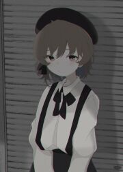 Rule 34 | 1girl, :/, beret, black bow, black bowtie, black hat, black skirt, bow, bowtie, brown eyes, brown hair, chromatic aberration, closed mouth, collared shirt, cowboy shot, dot nose, film grain, flat color, garage, gradient eyes, grey theme, hat, hatoba tsugu, highres, long sleeves, looking at viewer, mole, multicolored eyes, mushoku loli, muted color, own hands together, shirt, skirt, solo, standing, suspenders, tsugu (vtuber), virtual youtuber, white shirt