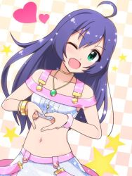Rule 34 | 10s, 1girl, ;d, ahoge, blue hair, checkered background, collarbone, cowboy shot, green eyes, heart, heart hands, idolmaster, idolmaster million live!, jewelry, long hair, looking at viewer, lots of jewelry, midriff, million dreams (idolmaster), mochizuki anna, navel, one eye closed, open mouth, pendant, smile, solo, star (symbol), totokichi, wink