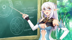 Rule 34 | 1girl, :d, absurdres, altina (shining blade), aqua bow, armpits, arrow (symbol), bare shoulders, bespectacled, blade arcus from shining, blue eyes, bow, breasts, chalkboard, circle, cleavage, cleavage cutout, clothing cutout, day, detached sleeves, drawing, elf, eyebrows, fingernails, forest, frilled sleeves, frills, fringe trim, game cg, glasses, hair between eyes, hair ornament, half updo, hand on own hip, happy, hexagram, highres, holding, leaf, long hair, looking to the side, nature, navel, navel cutout, open mouth, out of frame, outdoors, pointer, pointy ears, red-framed eyewear, shining (series), shining blade, silver hair, small breasts, smile, solo, star (symbol), star of david, stomach, teacher, teaching, teeth, text focus, tongue, tony taka, tree, triangle, upper body