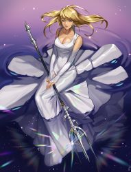 Rule 34 | 1girl, absurdres, bare shoulders, blonde hair, blue eyes, breasts, cleavage, collarbone, dress, ebiss06081, elbow gloves, final fantasy, final fantasy xv, fingerless gloves, gloves, hair lift, highres, holding, holding weapon, looking at viewer, lunafreya nox fleuret, medium breasts, pink lips, polearm, solo, trident, water, weapon, white dress