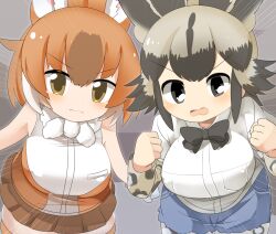 Rule 34 | african wild dog (kemono friends), african wild dog print, animal ears, bare shoulders, black hair, blush, bow, bowtie, breasts, brown hair, dhole (kemono friends), dog ears, dog girl, dog tail, extra ears, gloves, kemono friends, kemono friends 3, large breasts, lets0020, long sleeves, looking at viewer, multicolored hair, multiple girls, open mouth, pov, shirt, short hair, short sleeves, shorts, skirt, sleeveless, tail, two-tone hair, white hair