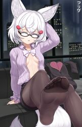 Rule 34 | 1girl, animal ears, couch, efreezerarts, feet, glasses, half-closed eye, highres, looking at viewer, medium hair, one eye closed, open clothes, open shirt, pantyhose, parted lips, phase connect, purple eyes, soles, tail, tenma maemi, toes, white hair