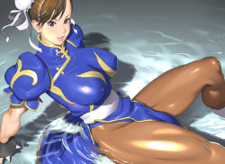 Rule 34 | bracelet, breasts, brown hair, brown pantyhose, capcom, chun-li, dated, highres, jewelry, kotoyoshi yumisuke, large breasts, pantyhose, pelvic curtain, solo, spiked bracelet, spikes, street fighter, thighs, water