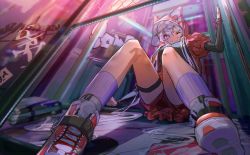 Rule 34 | 1girl, absurdres, breasts, briefcase, chain-link fence, commentary, english commentary, fence, grey hair, grey socks, highres, hood, hood up, hooded jacket, jacket, long hair, looking at viewer, low twintails, medium breasts, one eye closed, open mouth, red footwear, red jacket, red shorts, senki zesshou symphogear, short sleeves, shorts, sitting, socks, solo, thundergotch, twintails, very long hair, yukine chris