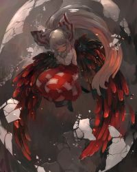 Rule 34 | 1girl, absurdres, bad id, bad twitter id, bow, broken glass, closed eyes, commentary request, feathered wings, fujiwara no mokou, full body, glass, hair bow, highres, long hair, long sleeves, ofuda, pants, pororikin, red pants, shirt, shoes, silver hair, solo, suspenders, touhou, very long hair, white bow, white shirt, wings