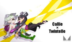 Rule 34 | 2girls, alternate costume, ankle boots, arms (game), black dress, black footwear, black hair, black pants, boots, bracelet, breasts, callie (splatoon), character name, chichi band, cleavage, closed eyes, cousins, detached collar, dress, earrings, fangs, food, food on head, from side, gloves, gradient hair, green hair, green pantyhose, grey hair, high heels, hug, inkling, jewelry, leaning back, long hair, looking at another, marie (splatoon), medium breasts, mole, mole under eye, multicolored hair, multiple girls, nintendo, object on head, open mouth, pants, pantyhose, purple hair, sash, shadow, shirt, short hair, smile, splatoon (series), strapless, strapless dress, sweatdrop, twintelle (arms), white gloves, white shirt, yuri