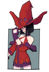 Rule 34 | 1girl, bare shoulders, black hair, closed mouth, fingerless gloves, gloves, guilty gear, guilty gear xrd, hat, highres, i-no, large hat, mole, mole above mouth, ookiyoart, red hat, short hair, simple background, smile, solo, white background, witch hat