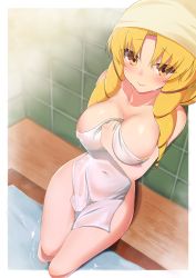 Rule 34 | 1girl, bath, blonde hair, blush, breasts, brown eyes, collarbone, commentary request, covering breasts, covering privates, coyomin, drill hair, fate/hollow ataraxia, fate (series), highres, holding, holding towel, large breasts, long hair, looking at viewer, luviagelita edelfelt, naked towel, nude, nude cover, onsen, outside border, parted bangs, partially submerged, solo, towel, towel on head, very long hair, water