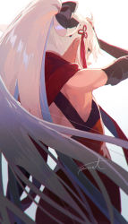 Rule 34 | back, bow, dark skin, elbow gloves, fate/grand order, fate (series), fomnant, from behind, gloves, grey hair, hair bow, hair ornament, highres, long hair, looking back, ponytail, rengoku (fate), scarf, signature, simple background, solo, very long hair