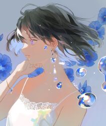Rule 34 | 1girl, artist name, bare shoulders, black hair, blue background, blue flower, blue hair, bracelet, breasts, camisole, closed mouth, colored inner hair, commentary, earrings, english commentary, flower, hair between eyes, hand up, highres, jewelry, matchavi, medium hair, multicolored hair, original, profile, purple eyes, simple background, small breasts, solo, spaghetti strap, upper body, water drop, white camisole