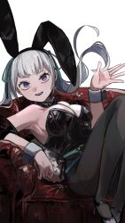 Rule 34 | 1girl, animal ears, black clover, black leotard, breasts, cleavage, detached collar, fake animal ears, grey hair, hair ribbon, highres, leotard, long hair, looking at viewer, noelle silva, open mouth, playboy bunny, poonwip, purple eyes, rabbit ears, ribbon, solo, strapless, strapless leotard, twintails, wrist cuffs