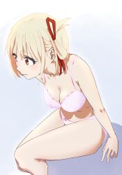 Rule 34 | 1girl, absurdres, arm support, bare arms, bare legs, blonde hair, bra, breasts, cleavage, closed mouth, collarbone, commentary, eyelashes, floral print, hair between eyes, hair ribbon, half updo, highres, large breasts, leaning forward, light blush, looking to the side, lycoris recoil, nishikigi chisato, nose, oekakiism, one side up, panties, pink bra, pink panties, red eyes, red ribbon, ribbon, short hair, sidelocks, simple background, sitting, smile, solo, thighs, underwear, underwear only, white background