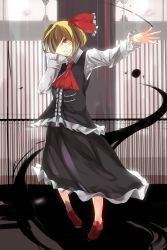 Rule 34 | 1girl, :d, blonde hair, darkness, frilled skirt, frills, hair ribbon, hand over face, highres, open mouth, red eyes, ribbon, rumia, short hair, skirt, smile, solo, three k (spiritus no honoo), touhou, vest
