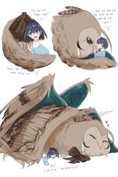 Rule 34 | 2girls, absurdres, animal, animalization, bird, blue eyes, blue hair, english text, feathers, hair intakes, hair ornament, highres, hololive, hololive english, juno ox, multiple girls, multiple wings, nanashi mumei (owl), ouro kronii, oversized animal, owl, short hair, sweater, virtual youtuber, wing hug, wings