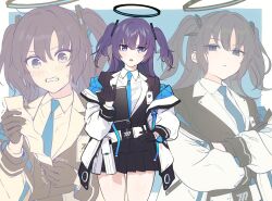 Rule 34 | 1girl, black gloves, black skirt, blue archive, blue necktie, blush, clenched teeth, closed mouth, collared shirt, crossed arms, formal, gloves, hair between eyes, halo, id card, jacket, ka02 (wqekf), long hair, looking at viewer, mechanical halo, multiple views, necktie, open mouth, pleated skirt, purple eyes, purple hair, shirt, skirt, suit, teeth, two-sided fabric, two-sided jacket, white shirt, yuuka (blue archive)