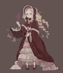 Rule 34 | 1girl, beatrice (re:zero), blonde hair, bonnet, book, brown background, capelet, commentary request, dress, eyelashes, frills, full body, fur-trimmed capelet, fur trim, highres, lolita fashion, long hair, long sleeves, looking at viewer, marggri, parted bangs, parted lips, re:zero kara hajimeru isekai seikatsu, red capelet, red dress, red headwear, shoes, sidelocks, solo, standing, symbol-shaped pupils, twitter username, watermark
