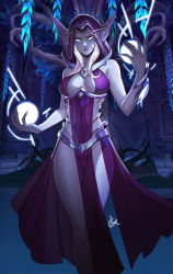 Rule 34 | 1girl, absurdres, bare shoulders, breasts, closed mouth, colored skin, distr, dress, ears through headwear, elf, energy ball, grey skin, hand up, highres, large breasts, long eyebrows, looking at viewer, magic, night elf (warcraft), nightborne, pointy ears, purple dress, signature, smile, solo, thalyssra, thigh gap, warcraft, white eyes, white hair, world of warcraft