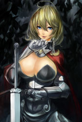 Rule 34 | 1girl, armor, blonde hair, blue eyes, breasts, cape, cleavage, cowboy shot, facing viewer, large breasts, lips, long sword, looking at viewer, no bra, parted lips, red cape, smile, solo, standing, sword, weapon