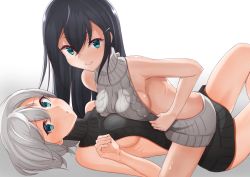 Rule 34 | 2girls, aqua eyes, aran sweater, backless dress, backless outfit, bad id, bad pixiv id, bare back, bare shoulders, black hair, black sweater, breast press, breasts, breasts squeezed together, cable knit, dress, female focus, gradient background, grey sweater, hair ornament, hairclip, long hair, lying, meme attire, multiple girls, naked sweater, on back, original, ribbed sweater, ronguuta, short hair, sideboob, silver hair, small breasts, smile, sweater, sweater dress, symmetrical docking, turtleneck, turtleneck sweater, ushiotoko&amp;hiroshi, virgin killer sweater