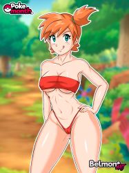 Rule 34 | 1girl, absurdres, belmont, bikini, blurry, breasts, cowboy shot, creatures (company), depth of field, facing viewer, game freak, highres, legs, looking at viewer, misty (pokemon), nintendo, orange hair, outdoors, pokemon, pokemon lgpe, self-upload, short hair, side ponytail, solo, standing, swimsuit, thighs, thong, thong bikini, tongue, tongue out, wide hips