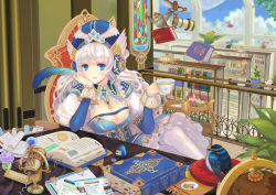 Rule 34 | 1girl, arm support, bird, blue eyes, book, bookmark, bookshelf, breasts, carrying, chair, cloud, crossed legs, cup, cupcake, day, desk, dress, flower, flower pot, food, globe, hat, headphones, inkwell, large breasts, long hair, pillow, pixiv, pixiv-tan, quill, sitting, sky, stained glass, tea, teacup, teddy yang, telescope, thighhighs, white hair, white thighhighs, xiaji