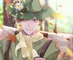Rule 34 | 1boy, artist name, backpack, bag, bedroll, brown eyes, day, falling leaves, flower, green hat, hat, hat flower, highres, leaf, looking at viewer, male focus, moomin, outdoors, shijima tohiro, snufkin, solo, tree, upper body, yellow neckwear