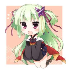 Rule 34 | 1girl, :d, bare shoulders, black kimono, blunt bangs, blunt ends, blush, border, chibi, commentary request, criss-cross halter, cross-laced footwear, detached sleeves, floating hair, green hair, hair ribbon, halterneck, highres, hime cut, japanese clothes, kimono, long hair, long ribbon, long sleeves, looking afar, midair, murasame (senren), notice lines, open mouth, own hands together, pink background, pom pom (clothes), purple ribbon, red eyes, red sash, ribbon, sash, senren banka, short kimono, sidelocks, simple background, smile, solo, straight hair, takepoison, two side up, very long hair, white border, wide sleeves