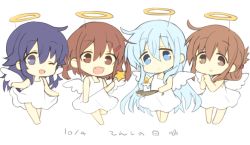 Rule 34 | 4girls, akatsuki (kancolle), angel wings, bad id, bad twitter id, blue eyes, blush, brown eyes, brown hair, candle, chibi, closed mouth, dated, dress, fake halo, fang, fangs, hair between eyes, hair ornament, hairclip, halo, hibiki (kancolle), highres, hizuki yayoi, holding, ikazuchi (kancolle), inazuma (kancolle), kantai collection, long hair, multiple girls, one eye closed, open mouth, own hands together, purple hair, short hair, silver hair, simple background, skin fang, smile, wand, white background, white dress, wings