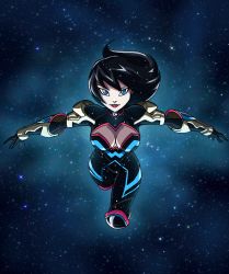 Rule 34 | 1girl, ame-comi, black hair, blue eyes, bodysuit, breasts, cleavage, cleavage cutout, clothing cutout, dc comics, donna troy, flying, gauntlets, gloves, knee pads, looking at viewer, lucianovecchio, smile, solo, space, sparkle, wonder woman (series)