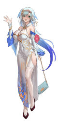 Rule 34 | 1girl, absurdres, aqua eyes, bag, blue hair, breasts, chain, china dress, chinese clothes, cleavage, clothing cutout, detached sleeves, dress, dylanlin, fingerless gloves, flower, full body, fur trim, gloves, gold chain, hair over one eye, hair wings, handbag, highres, large breasts, light blue hair, looking away, original, purple footwear, see-through, see-through cleavage, side slit, simple background, solo, swept bangs, thighhighs, thighs, underboob cutout, white background, white dress, white thighhighs