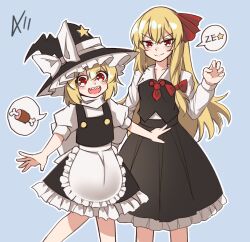 Rule 34 | &gt;:), 2girls, :d, a-xii, apron, black skirt, black vest, blonde hair, blue background, bow, breasts, buttons, cosplay, costume switch, feet out of frame, frilled skirt, frills, hair bow, hair ribbon, hat, hat bow, hat ornament, highres, kirisame marisa, kirisame marisa (cosplay), long hair, looking at viewer, multiple girls, neck bobbles, necktie, open mouth, outstretched arms, puffy short sleeves, puffy sleeves, red eyes, red necktie, red ribbon, ribbon, rumia, rumia (cosplay), sharp teeth, shirt, short hair, short sleeves, simple background, single sidelock, skirt, skirt set, small breasts, smile, spoken food, star (symbol), star hat ornament, teeth, touhou, turtleneck, v-shaped eyebrows, vest, waist apron, white apron, white shirt, witch hat, ze (phrase)