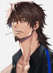 Rule 34 | 1boy, absurdres, bags under eyes, black shirt, blue ribbon, brown hair, cigarette, collarbone, facial hair, fate/grand order, fate (series), goatee, grey background, haruakira, hector (fate), highres, looking at viewer, male focus, mature male, messy hair, neck ribbon, ribbon, shirt, simple background, smoking, solo, undone neck ribbon, upper body