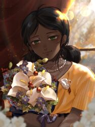 Rule 34 | 1girl, alternate costume, bird, black hair, blurry, blurry foreground, bokeh, bouquet, brooch, closed mouth, commentary, curtains, dark-skinned female, dark skin, depth of field, double bun, dress, eclipseb041117, flower, formal, green eyes, gundam, hair bun, half-closed eyes, highres, holding, holding bouquet, jewelry, lalah sune, light particles, looking at viewer, mobile suit gundam, necklace, orange dress, paper texture, pearl necklace, purple flower, see-through, see-through sleeves, short sleeves, sidelighting, smile, solo, sunlight, swan, upper body, white flower, window