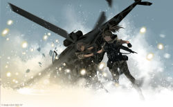 Rule 34 | 2girls, aircraft, artist name, brown hair, commentary, crash landing, dead-robot, gun, helicopter, holding another&#039;s arm, looking at viewer, military, military vehicle, mixed-language commentary, multiple girls, original, outdoors, soldier, vest, watermark, weapon, weapon on back
