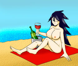Rule 34 | 1girl, alcohol, arm at side, armpits, artist request, ass, barefoot, beach, black hair, blue eyes, boku no hero academia, bottle, breasts, casual nudity, closed mouth, collarbone, completely nude, cup, day, drinking glass, eyelashes, feet, female focus, fingernails, full body, hair between eyes, hand on ground, hand up, happy, holding, holding glass, large breasts, long hair, looking at viewer, midnight (boku no hero academia), mole, mole under eye, navel, neck, nipples, nude, nudist, nudist beach, ocean, one eye closed, outdoors, pussy, red towel, shiny skin, sitting, sky, smile, soles, solo, spiked hair, summer, toenails, toes, towel, unworn clothes, vacation, very long hair, wine, wine bottle, wine glass, wink