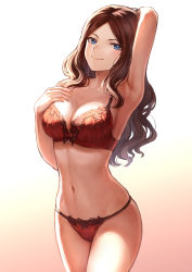 Rule 34 | 1girl, arm up, armpits, bare shoulders, blue eyes, bra, breasts, brown hair, cleavage, collarbone, commentary, fate/grand order, fate (series), gradient background, hand on own chest, highres, hip focus, large breasts, leonardo da vinci (fate), long hair, looking at viewer, mashuu (neko no oyashiro), navel, panties, parted bangs, red bra, red panties, smile, solo, thighs, underwear, underwear only, wavy hair