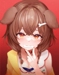 Rule 34 | 1girl, 7d7y7, absurdres, animal collar, animal ears, blurry, blush, bone, bone hair ornament, braid, breasts, brown hair, cleavage, collar, commentary, crossed bangs, dog ears, dog girl, eyebrows hidden by hair, fang, fang out, gradient background, hair ornament, hand up, highres, hololive, inugami korone, inugami korone (1st costume), large breasts, light particles, long hair, looking at viewer, low twin braids, mouth hold, red background, red eyes, shirt, solo, symbol-only commentary, tears, twin braids, upper body, virtual youtuber, yellow shirt