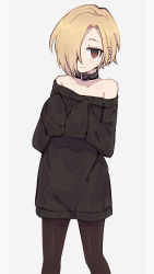 Rule 34 | 1girl, animal collar, black choker, black pantyhose, black sweater, blonde hair, blush, choker, collar, collarbone, commentary, feet out of frame, hair over one eye, highres, idolmaster, idolmaster cinderella girls, long bangs, long sleeves, looking at viewer, making-of available, off-shoulder sweater, off shoulder, one eye covered, pantyhose, shirasaka koume, shone, simple background, sleeves past fingers, sleeves past wrists, smile, solo, split mouth, sweater, white background