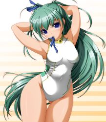 Rule 34 | 00s, 1girl, alice carroll, aria (manga), armpits, arms behind head, arms up, ashita yaru, blue eyes, green hair, hair ribbon, hip focus, long hair, mouth hold, one-piece swimsuit, ribbon, solo, swimsuit, wide hips