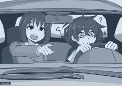Rule 34 | !, !!, 2girls, ?, absurdres, ahoge, arm up, artist name, bags under eyes, blind, blind girl (popopoka), blue theme, borrowed character, car, collared shirt, covered mouth, crossover, driving, female focus, half-closed eyes, hands up, highres, jacket, jpeg artifacts, long sleeves, messy hair, monochrome, motor vehicle, multiple girls, nervous, open mouth, original, outstretched arm, pointing, school uniform, shirt, short hair, sidelocks, sitting, suicidal girl (hamsterfragment), suicide, teeth, the accel, upper body, watermark, wide-eyed