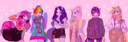 Rule 34 | 6+girls, alternate hairstyle, animal ears, applejack, bad id, bad pixiv id, braid, fluttershy, hair up, hands in pockets, horns, matsusaka, multiple girls, my little pony, my little pony: friendship is magic, no headwear, one eye closed, pantyhose, personification, pink theme, pinkie pie, ponytail, rainbow dash, rarity (my little pony), scarf, single horn, suspenders, tail, twilight sparkle, twin braids, twintails, v, wings, wink