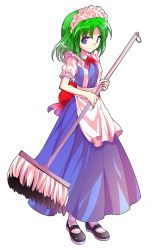 Rule 34 | 1girl, alphes (style), android, apron, bare arms, blue dress, blue eyes, blue footwear, closed mouth, dairi, dress, eyebrows, frilled sleeves, frills, full body, green hair, hair between eyes, holding, maid, maid apron, maid headdress, mary janes, mop, parody, parted bangs, puffy short sleeves, puffy sleeves, ruukoto, shoes, short hair, short sleeves, smile, solo, standing, style parody, touhou, touhou (pc-98), transparent background, waist apron, white apron, white legwear