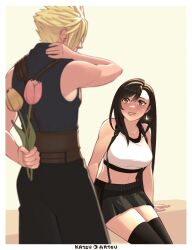 Rule 34 | 1boy, 1girl, arm behind back, artist name, bare arms, bare shoulders, birthday, black hair, black skirt, black sports bra, black thighhighs, blonde hair, blurry, blurry foreground, blush, breasts, brown eyes, cloud strife, collarbone, commentary, couple, crop top, earrings, english commentary, final fantasy, final fantasy vii, final fantasy vii remake, flower, hair between eyes, hand on own neck, highres, holding, holding flower, jewelry, katsuartsu, large breasts, lips, long hair, looking at viewer, midriff, navel, parted lips, single earring, sitting, skirt, sleeveless, sleeveless turtleneck, spiked hair, sports bra, stud earrings, suspender skirt, suspenders, sweater, swept bangs, tank top, teardrop earring, thighhighs, tifa lockhart, turtleneck, turtleneck sweater, white tank top, zettai ryouiki