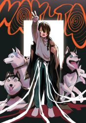 Rule 34 | 1girl, absurdres, arm up, black coat, black hair, braid, braided ponytail, chainsaw man, character name, coat, coat on shoulders, dog, grey sweater, hair over one eye, highres, husky, leash belt, looking at viewer, medium hair, nayuta (chainsaw man), open mouth, ringed eyes, sidelocks, soubu yuusuke, sweater, sweater tucked in, tongue, tongue out, v, yellow eyes